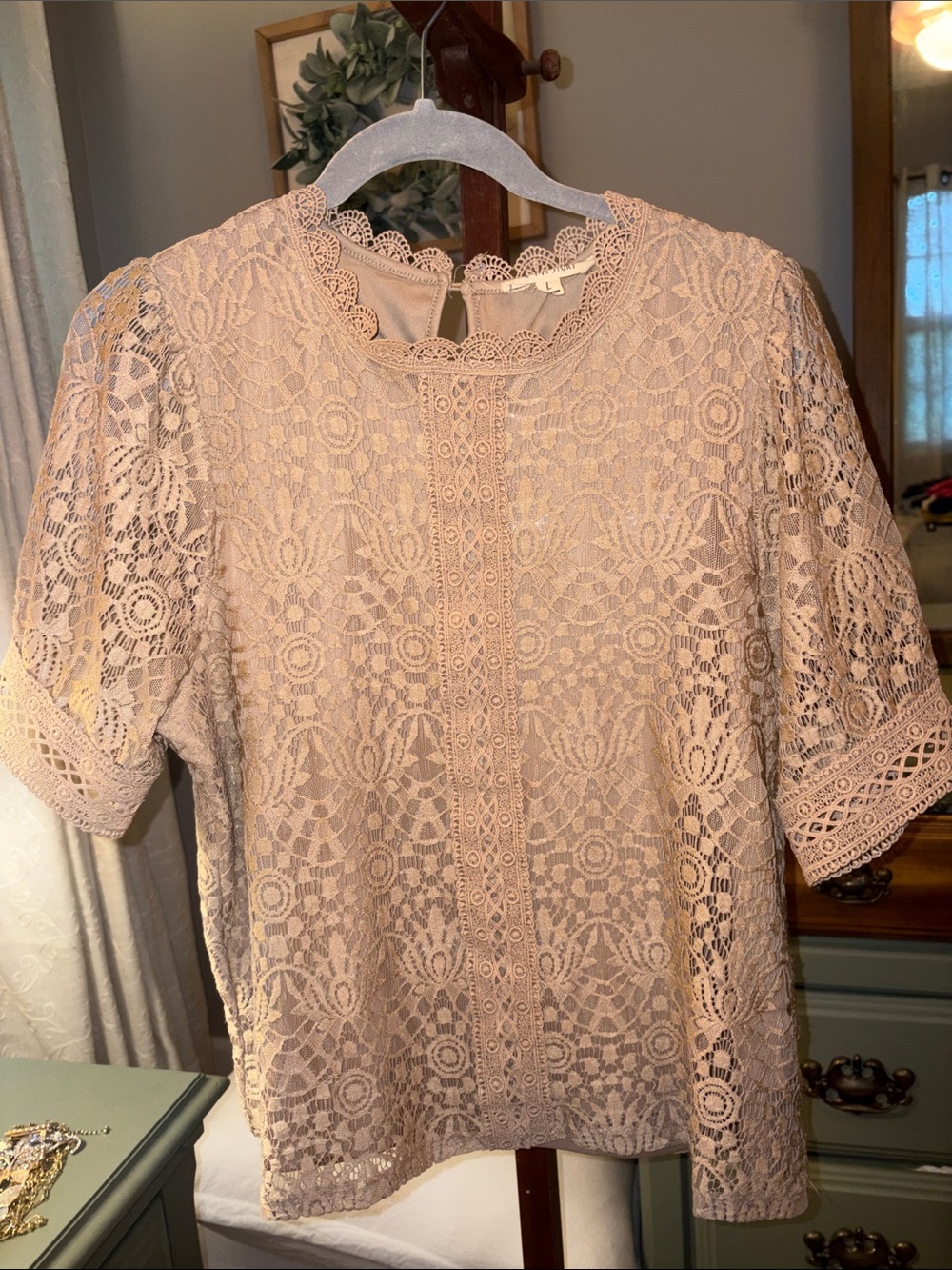 Lace Short Sleeve Blouse in a tan color